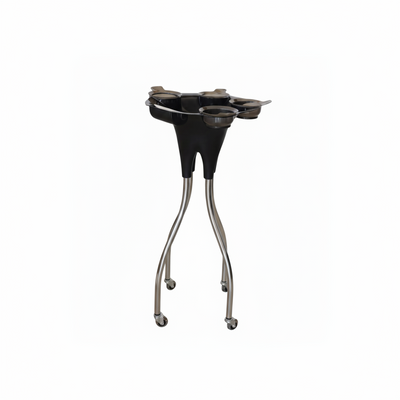 A black and silver four-bottle cocktail drink stand with four curved metal legs and caster wheels, shown on a plain white background.
