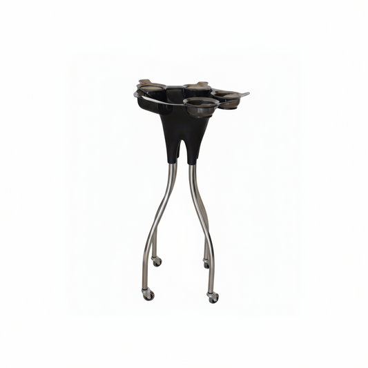 A black and silver four-bottle cocktail drink stand with four curved metal legs and caster wheels, shown on a plain white background.