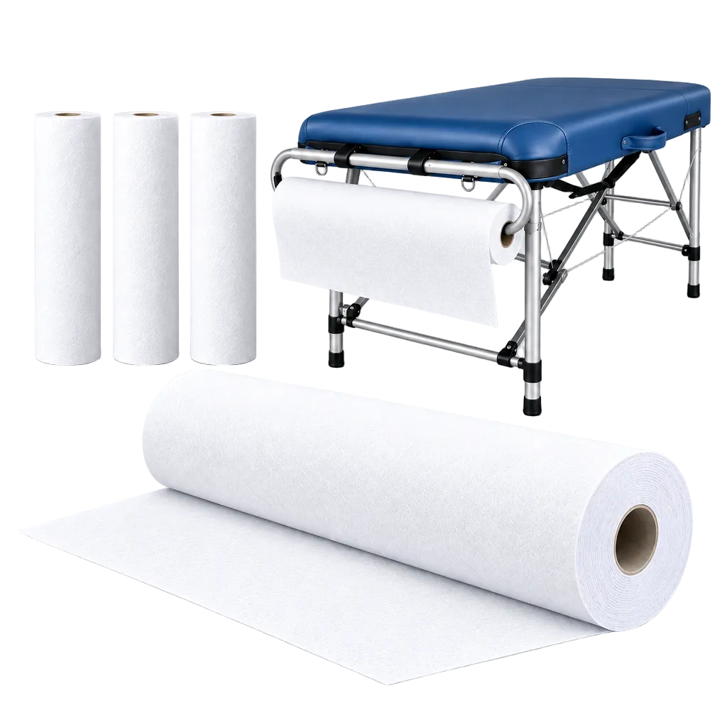 A large roll of white disposable stretch coverings shown unrolled on a white background, with three additional rolled sheets at left and a blue treatment table in the background holding a sheet.