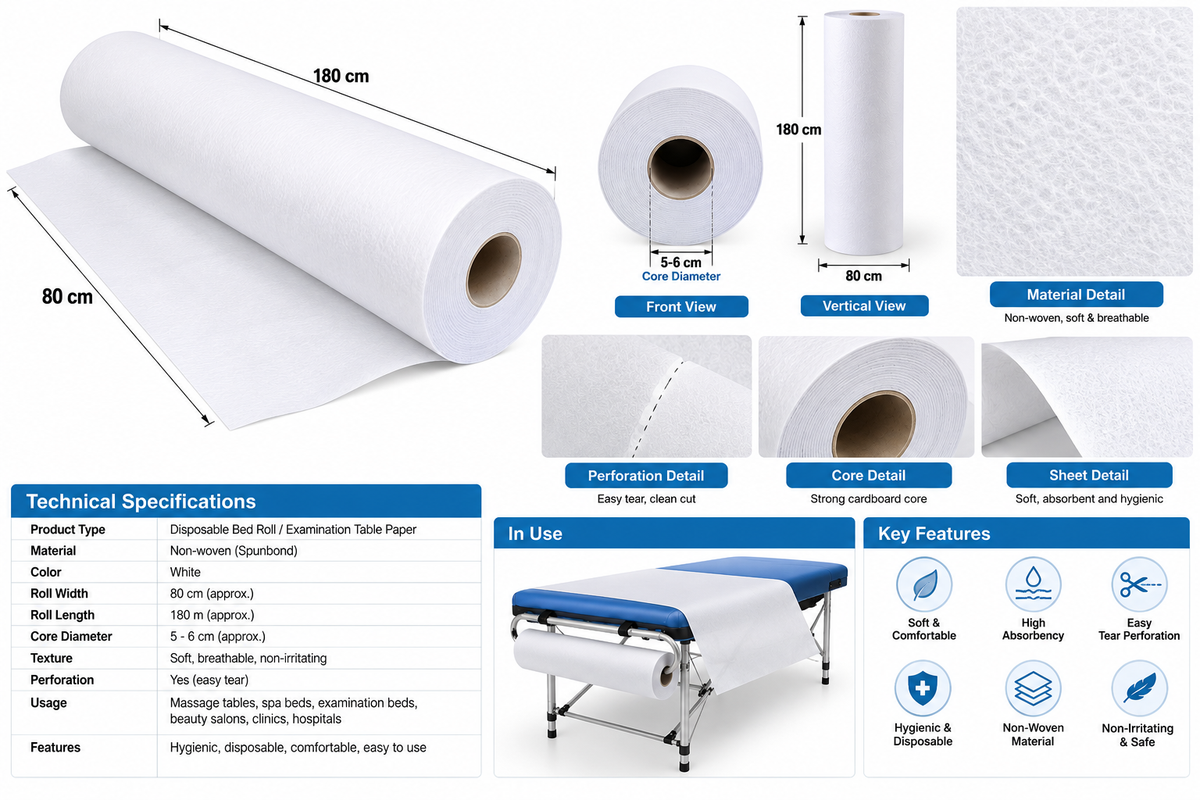Professional Disposable Non-Woven Roll chariot-Bed White 80cm x 180cm-900 Meter