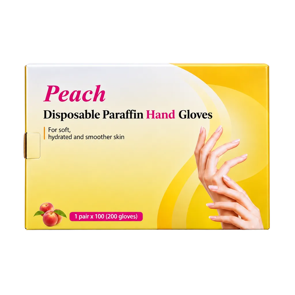 A box of Peach Disposable Paraffin Hand Gloves, featuring a yellow and white design with an illustration of hands and a small peach graphic, set against a plain white background.