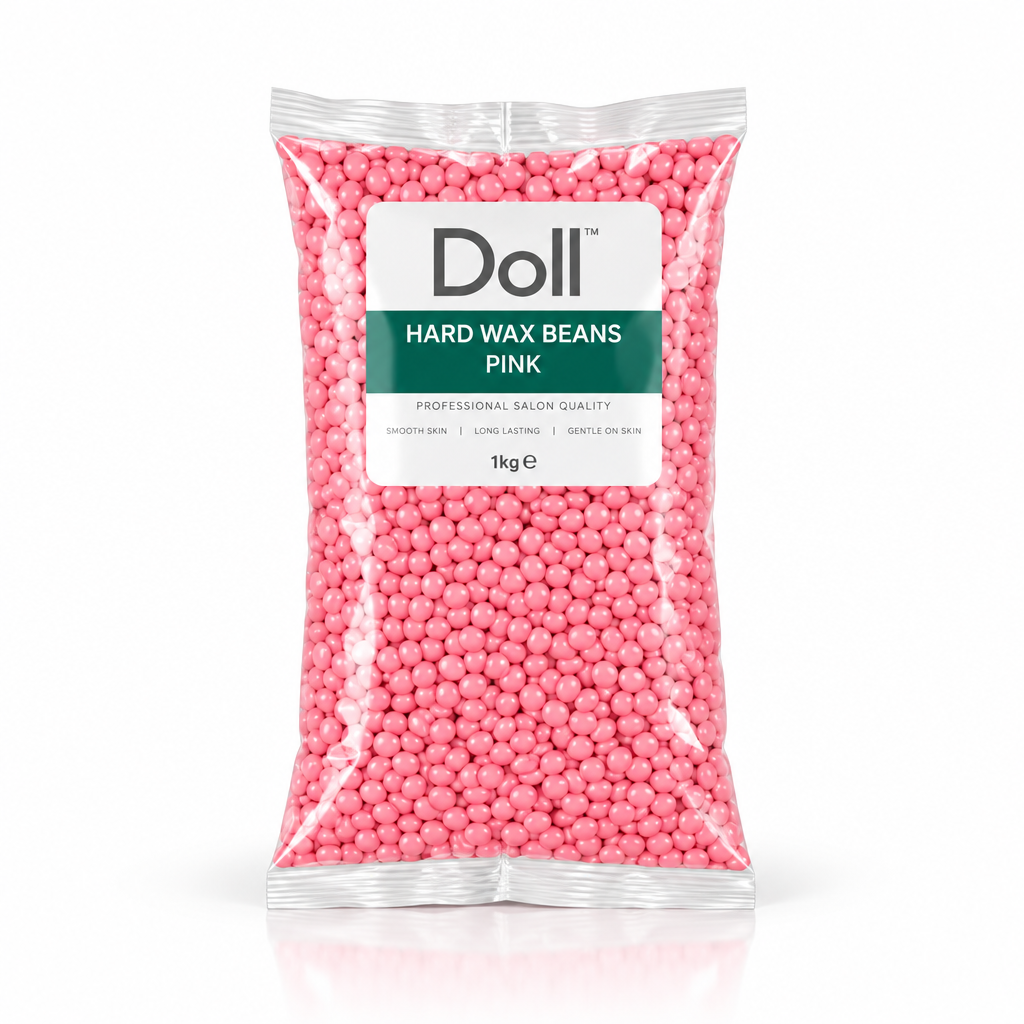A bag of Doll coloring beads, featuring pink beads visible through clear side panels with a white and green label, set against a plain white background.