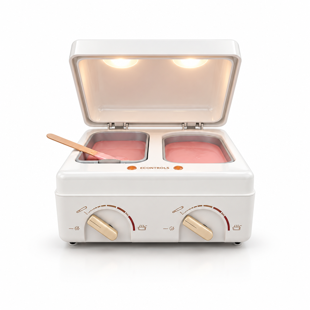 A retro-style electric pastry or ice cream maker with an open lid showing two pink bowls under warm lights, set against a clean white background.