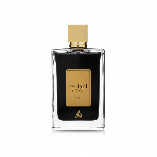 Perfume bottle with gold cap and black label on a white background