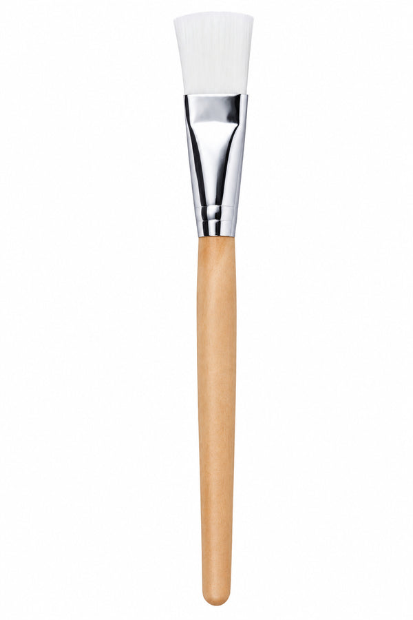 A flat paint brush with a light natural wood handle, a silver metal ferrule, and white bristles, shown vertically against a plain white background.