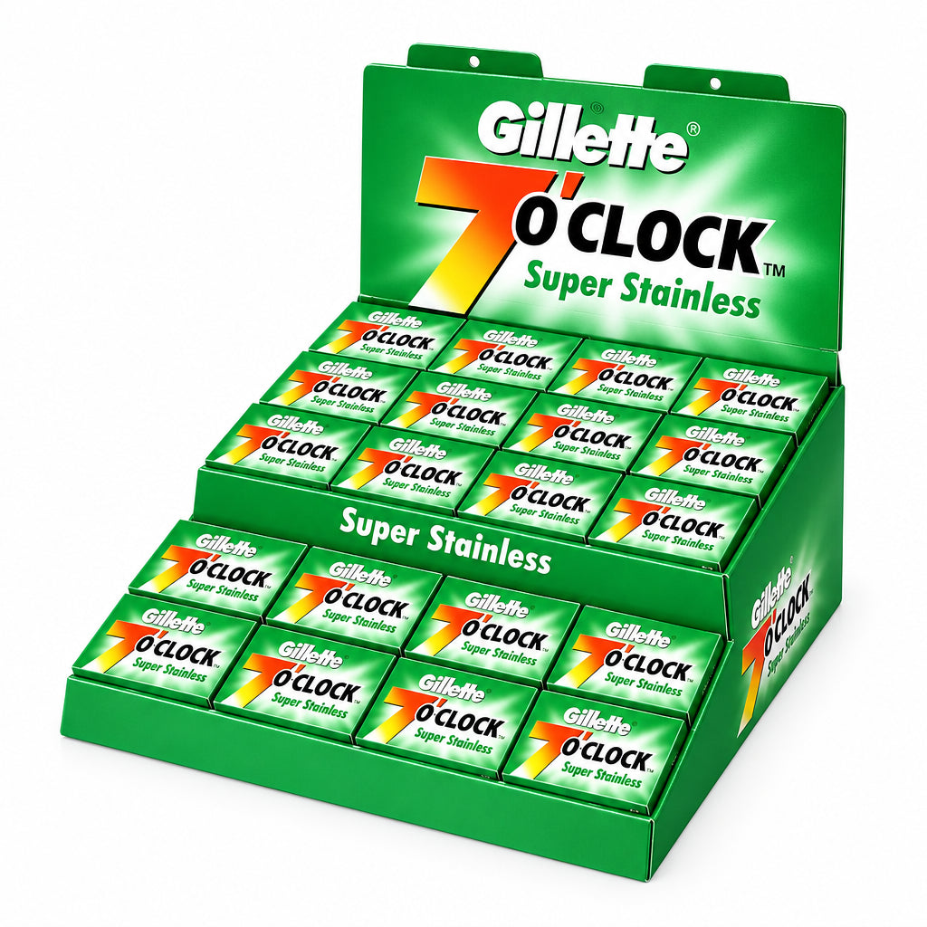 Display of Gillette 7 O'Clock Super Stainless razors in green packaging.
