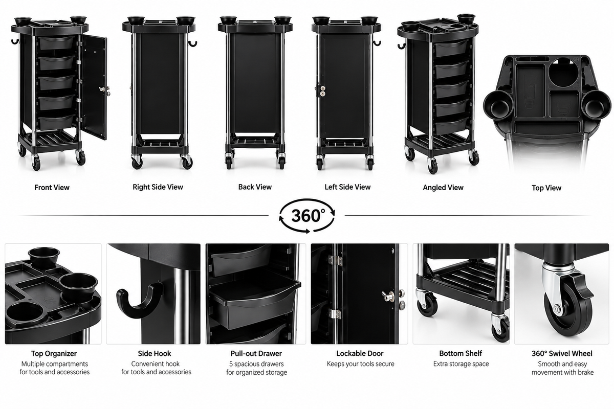 Professional Hair Dye Trolley Salon Color Storage Cart with Lock