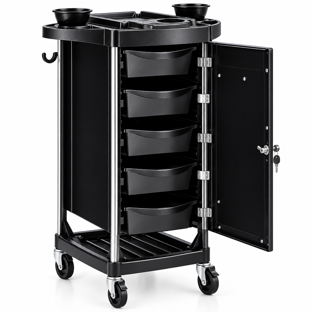 Black rolling beverage cart with four front storage bins, a top tray with cup holders, and an open side door on a white background.