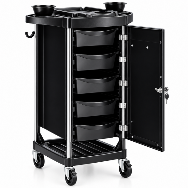 Black rolling beverage cart with four front storage bins, a top tray with cup holders, and an open side door on a white background.