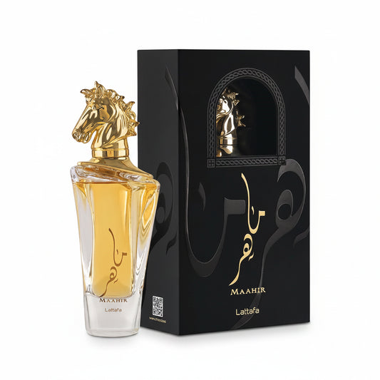 Perfume bottle with gold horse design and matching black packaging on a white background