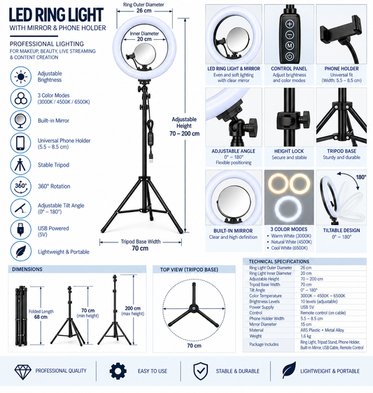 Professional LED Ring Light with Stand for Makeup & Photography