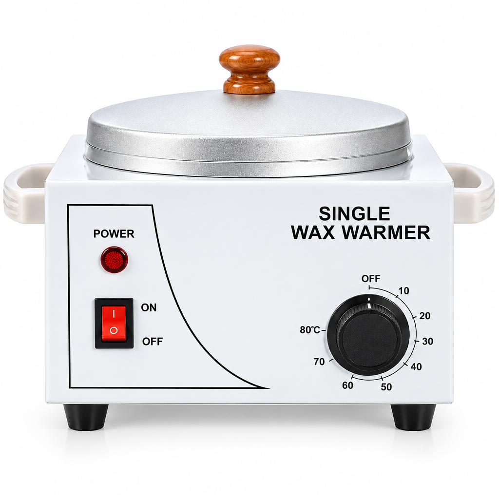 A single-wax warmer appliance with a white front panel, silver metal lid, black control dial, red power switch, and a brown wooden knob on top, shown on a plain white background.