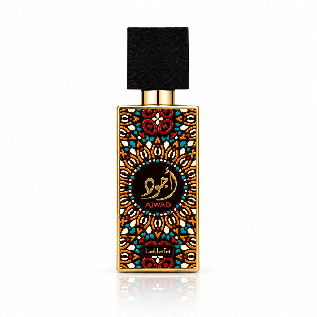 Perfume bottle with decorative label on a white background
