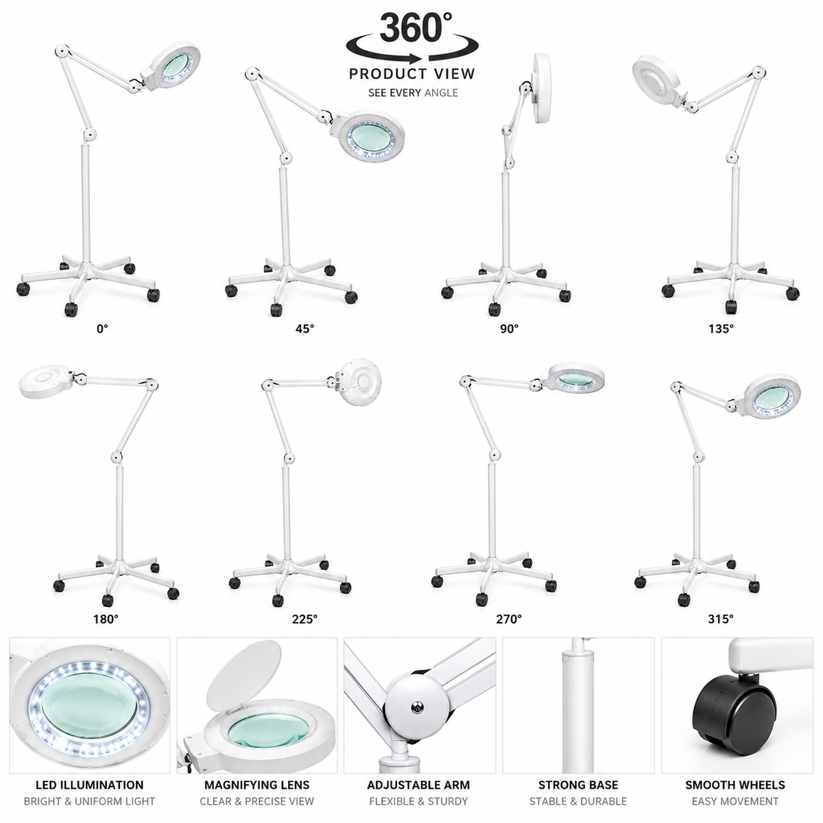 Professional Magnifying Lamp 5X LED Diopter Rolling Floor Stand Clinic-Salon & Spa