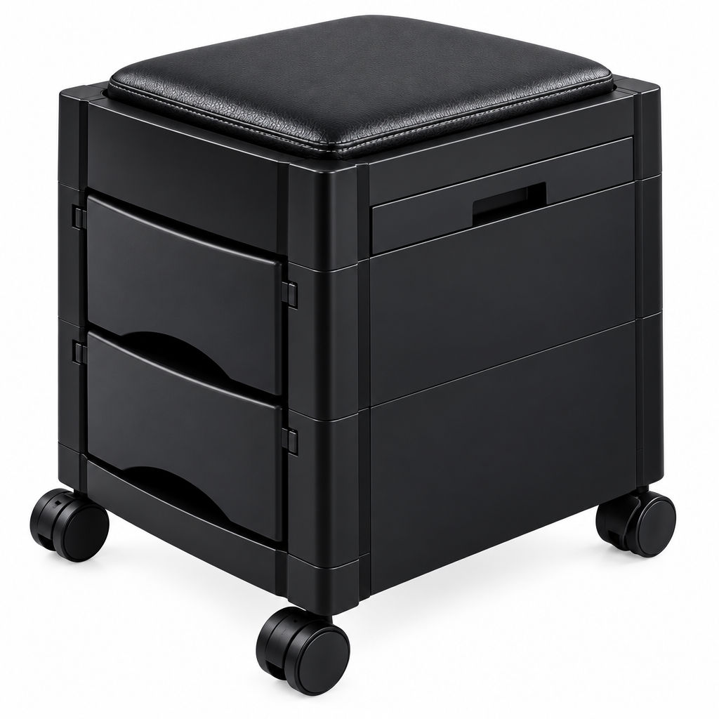 Black rolling storage organizer with two drawers, a top drawer, and a cushioned square ottoman top on a white background.