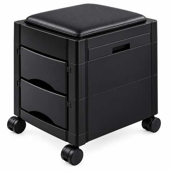 Black rolling storage organizer with two drawers, a top drawer, and a cushioned square ottoman top on a white background.