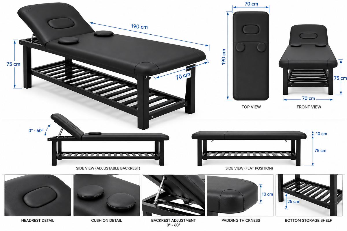 Professional Adjustable Massage & Esthetician Bed with Removable Headrest – Black
