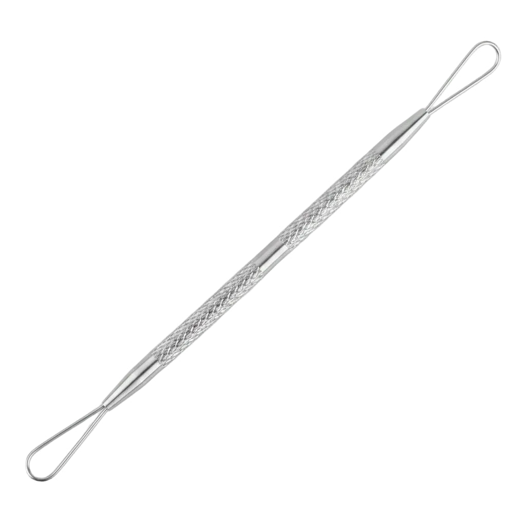 Metal skin scraping tool with close-up insets on a white background