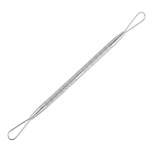 Metal skin scraping tool with close-up insets on a white background