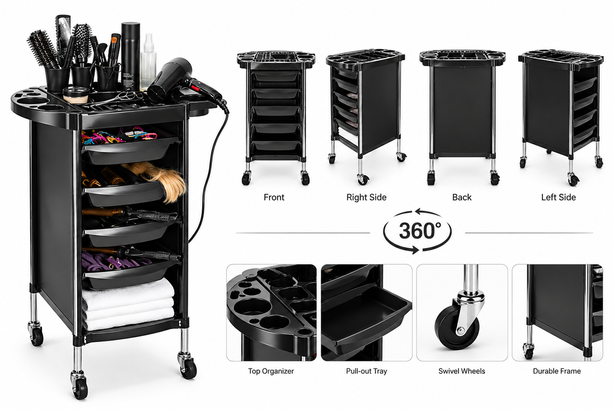 Multi-Tier Black Plastic Rolling Beauty Salon & Hairdressing Trolley Cart