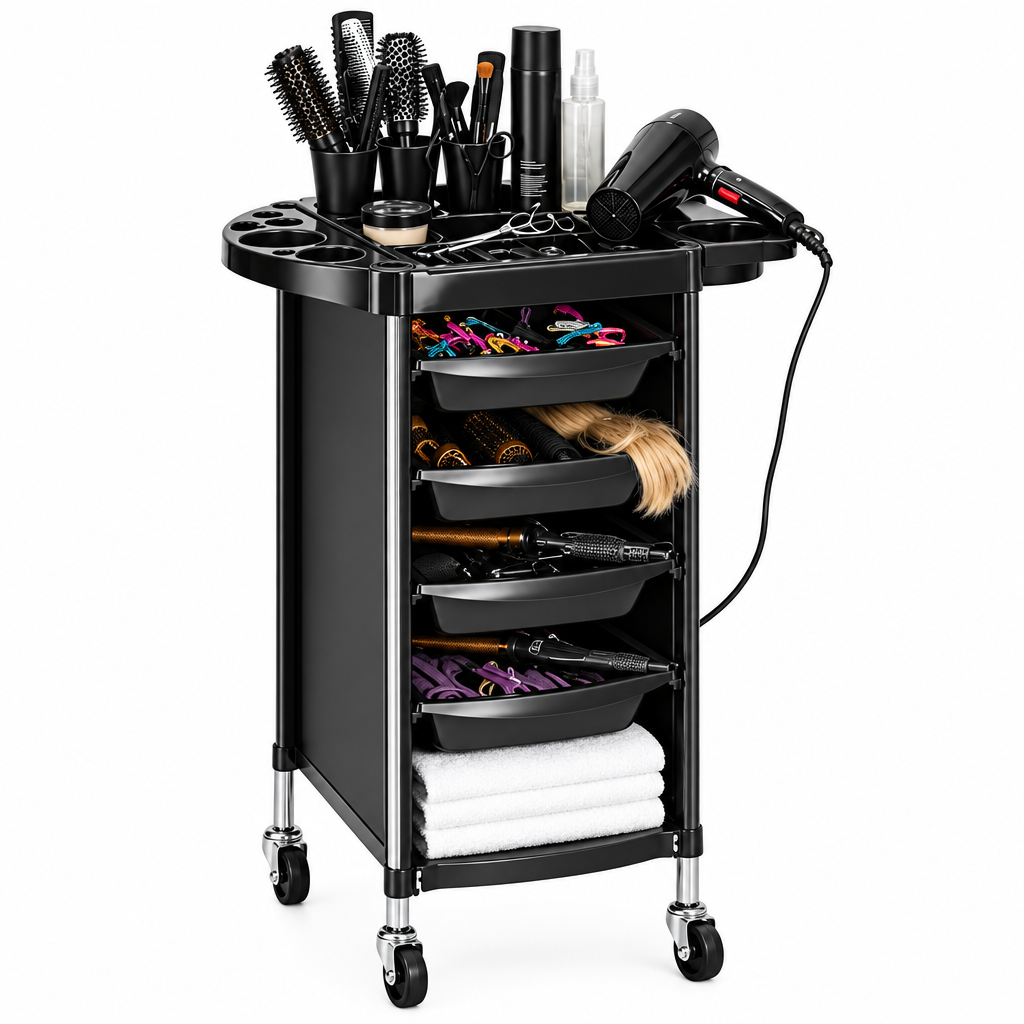 A black salon hair cart with five rolling storage drawers, shown filled with hair tools, brushes, a hair dryer, hair extensions, and folded white towels on a white background.