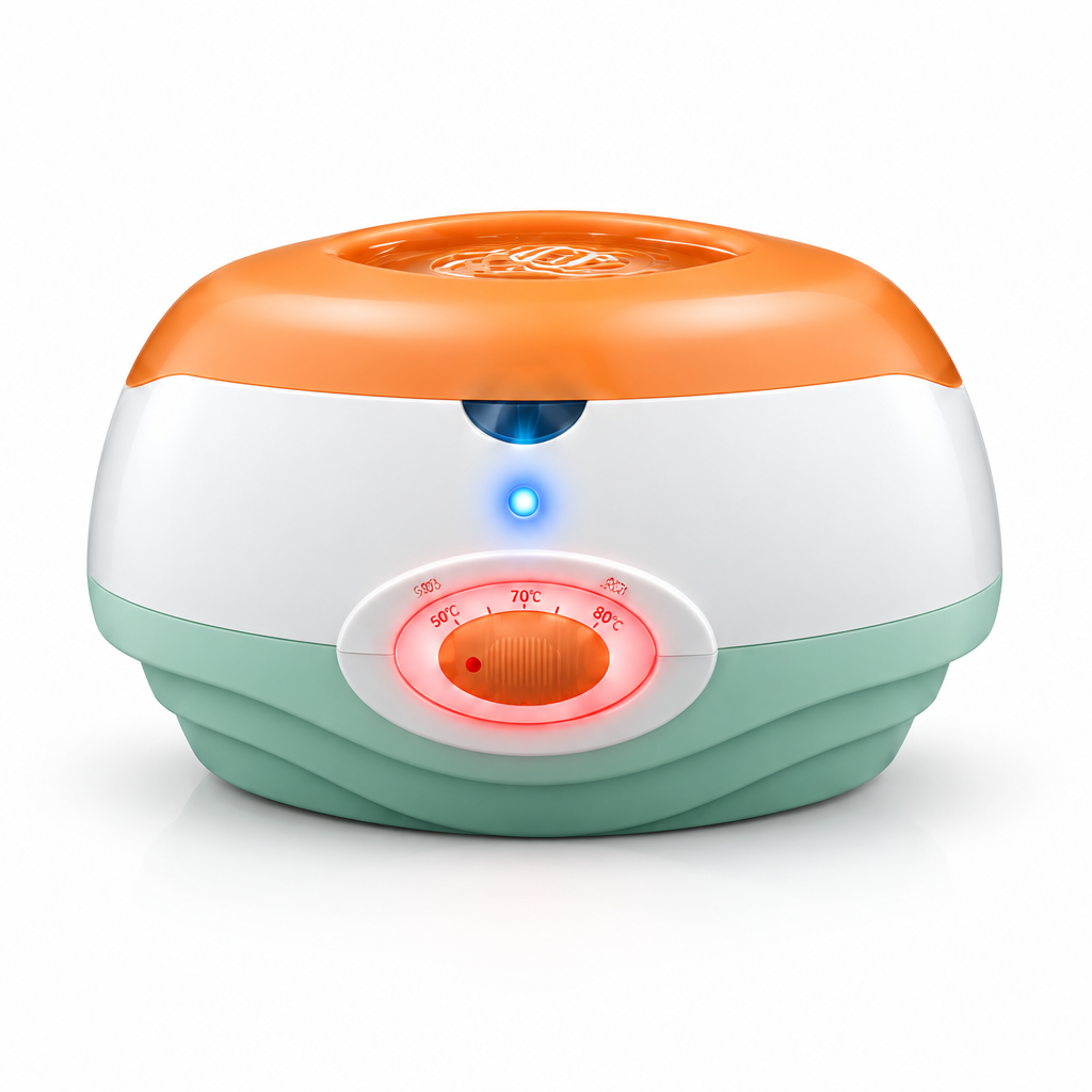 A small oval-shaped electronic device with a translucent orange top, a frosted white middle section, and a pale mint green base. It features illuminated red and blue indicator lights on the front, set against a plain white background.