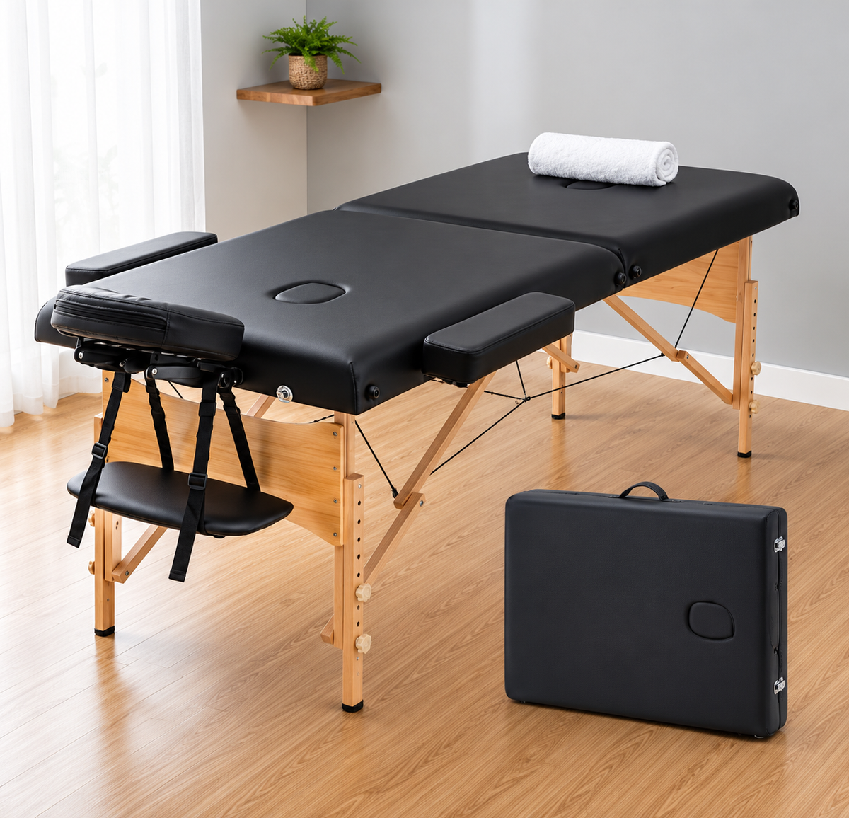 Portable Massage Table – Lightweight Wood Frame with Carry Handle (Black)