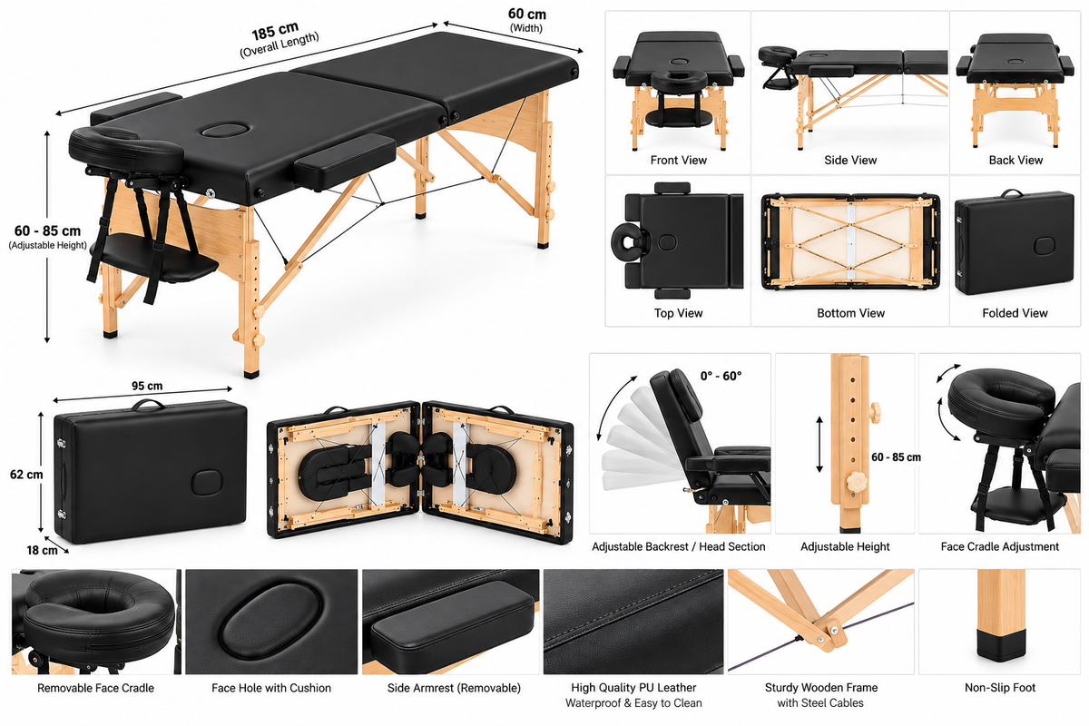 Portable Massage Table – Lightweight Wood Frame with Carry Handle (Black)