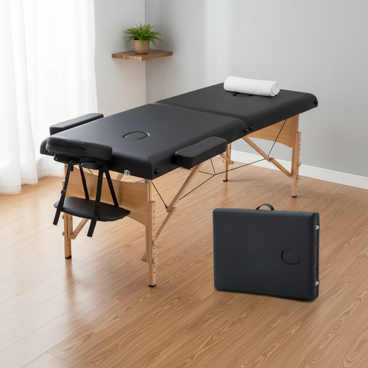 A black padded folding massage table with a natural wood frame, shown open with an attached headrest and footrest, plus a matching black carrying case on a white background.