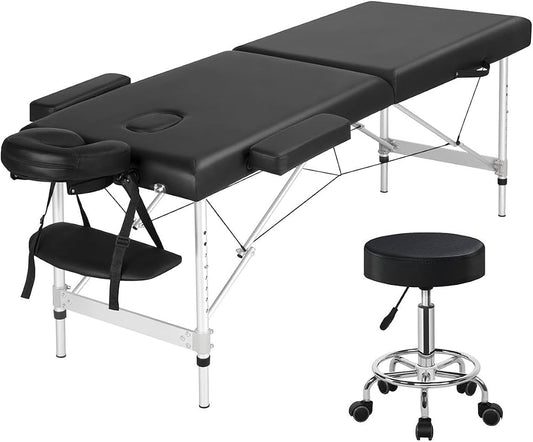 Portable 2-Fold Aluminum Massage Table with Stool – Professional Spa & Therapy Bed, Black
