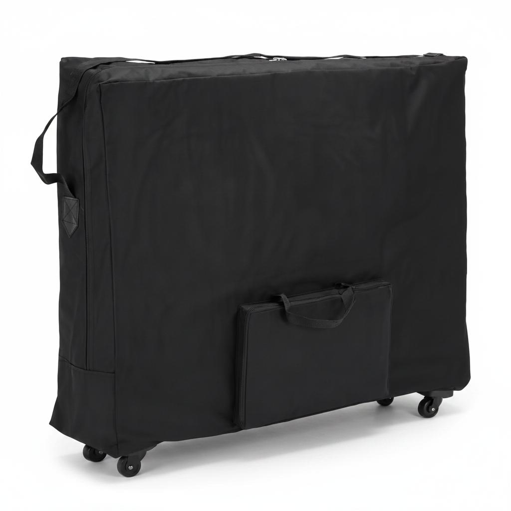 A large blackcover with wheels and a front storage pocket, shown on a plain white background.