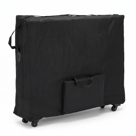 A large blackcover with wheels and a front storage pocket, shown on a plain white background.
