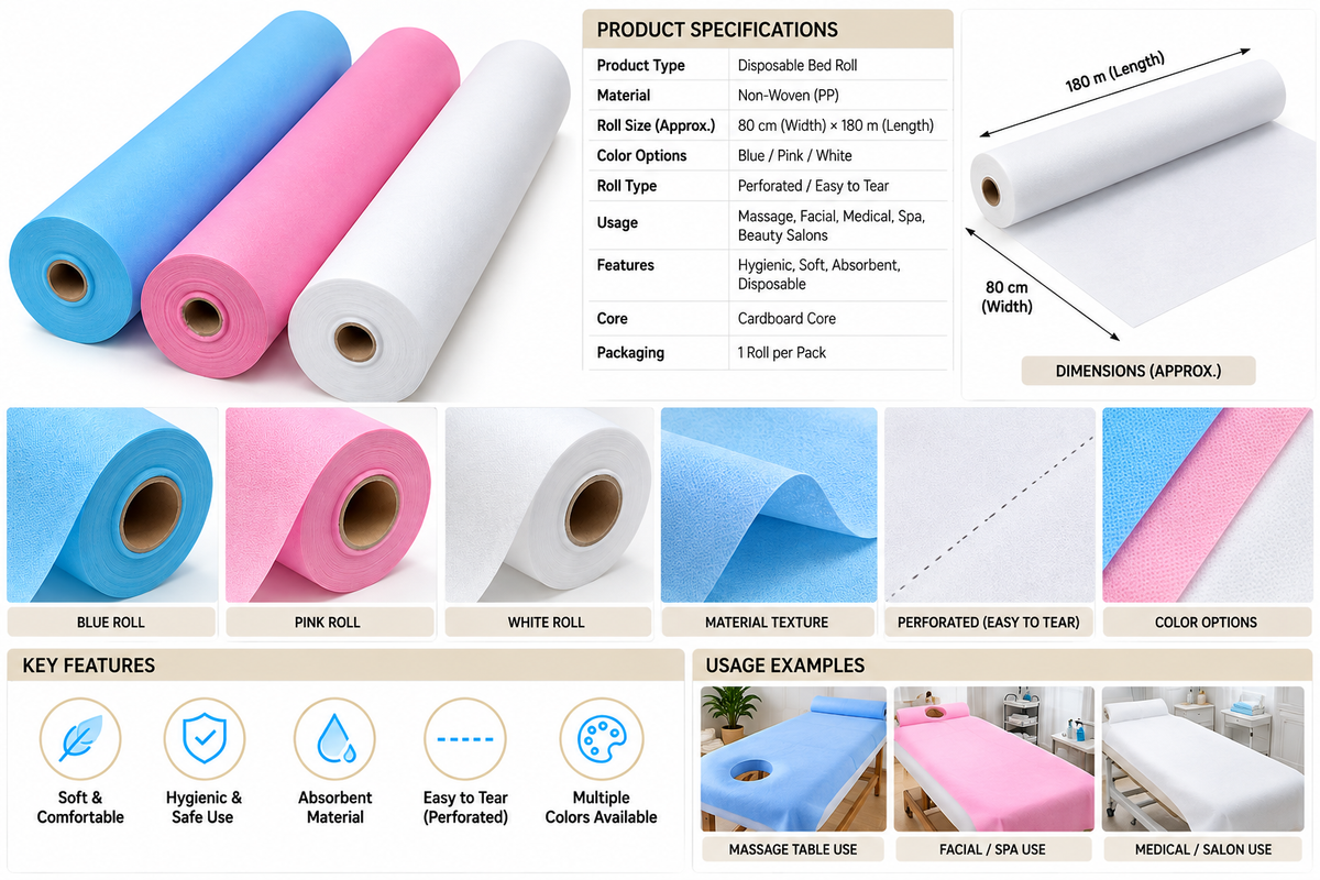 Professional Disposable Non-Woven Roll chariot-Bed White 80cm x 180cm-900 Meter