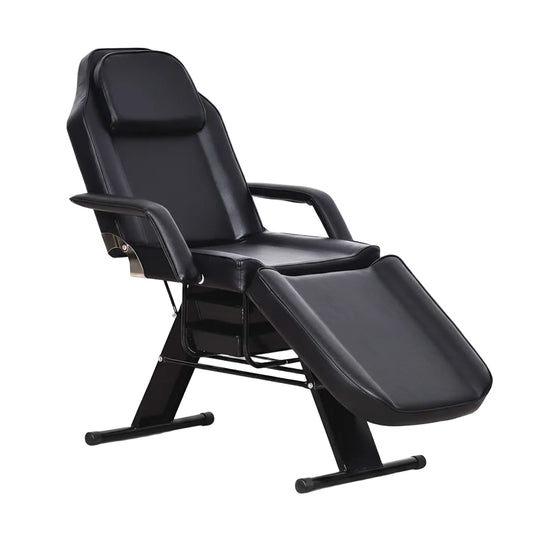 Black massage chair with reclined position on a white background