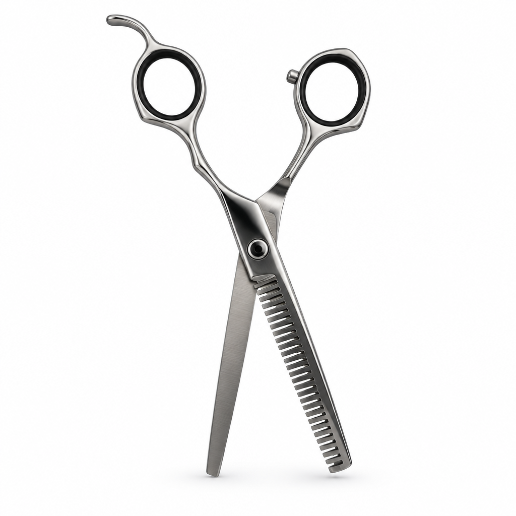 A pair of silver metal hair shears with a textured cutting edge and black ring handles, shown against a plain white background with a soft drop shadow.