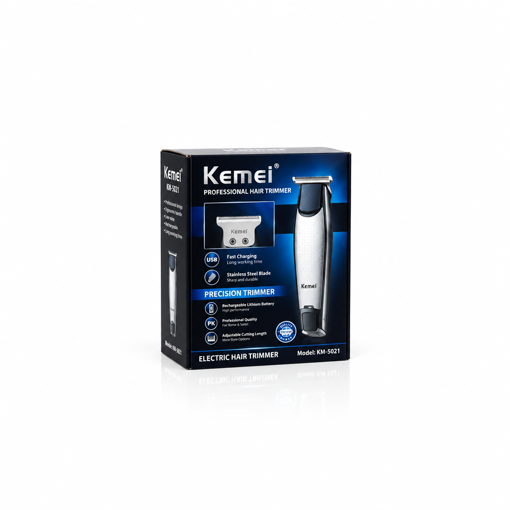 Kemei electric clippers product box shown on a clean white background, with the box featuring a black and blue design and an image of the clippers on the front.