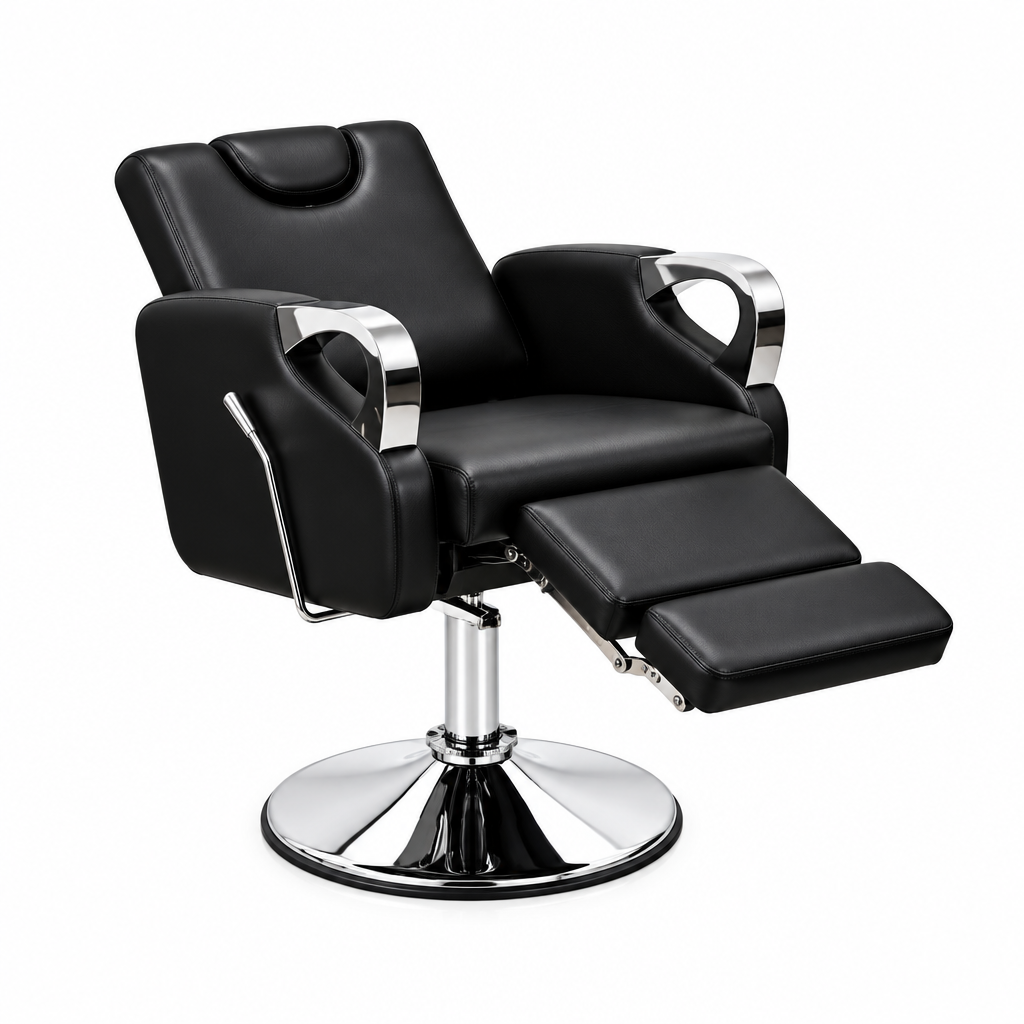A black leather barber chair with chrome armrest accents and a round chrome pedestal base, isolated on a white background.
