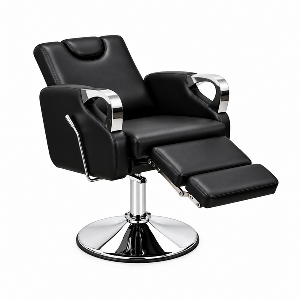 A black leather barber chair with chrome armrest accents and a round chrome pedestal base, isolated on a white background.