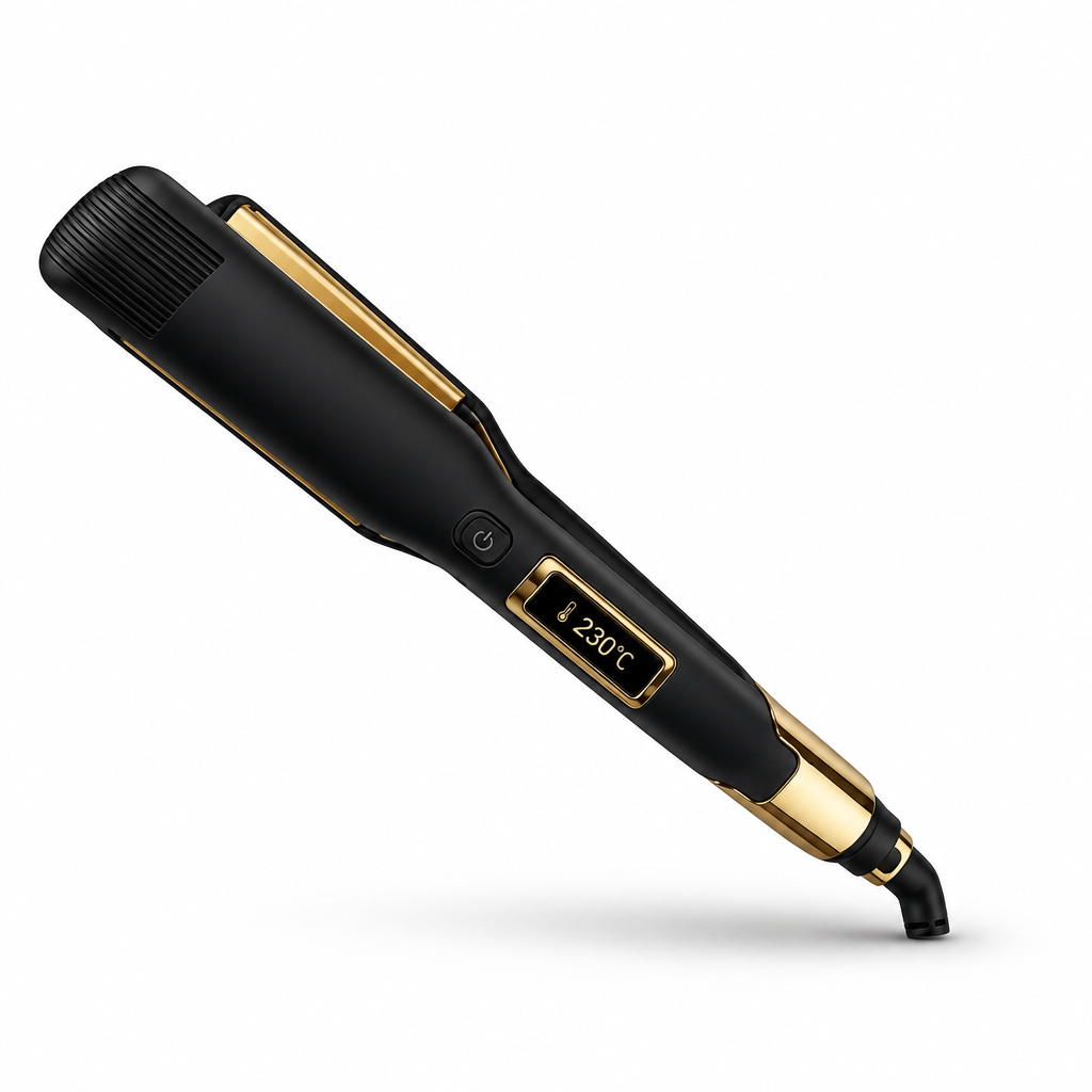 Black and gold hair straightener with a visible brand logo on a white background