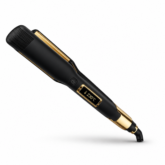 Black and gold hair straightener with a visible brand logo on a white background