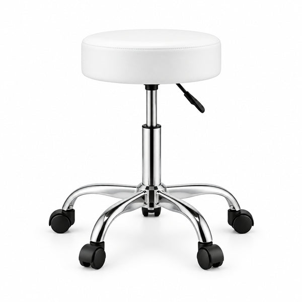 White stool with a round seat and chrome base on a white background