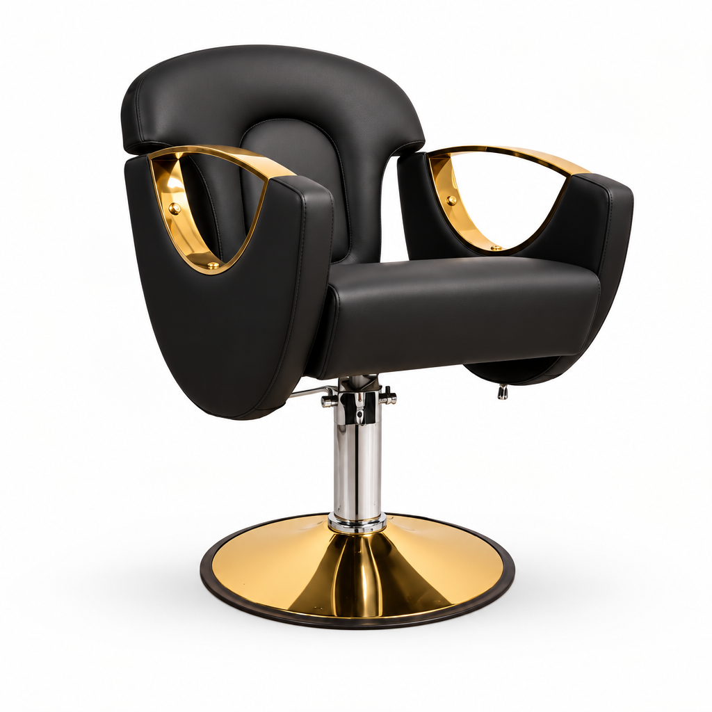 A modern salon barber chair with black leather upholstery and polished gold-finished armrests and base, shown on a white background.