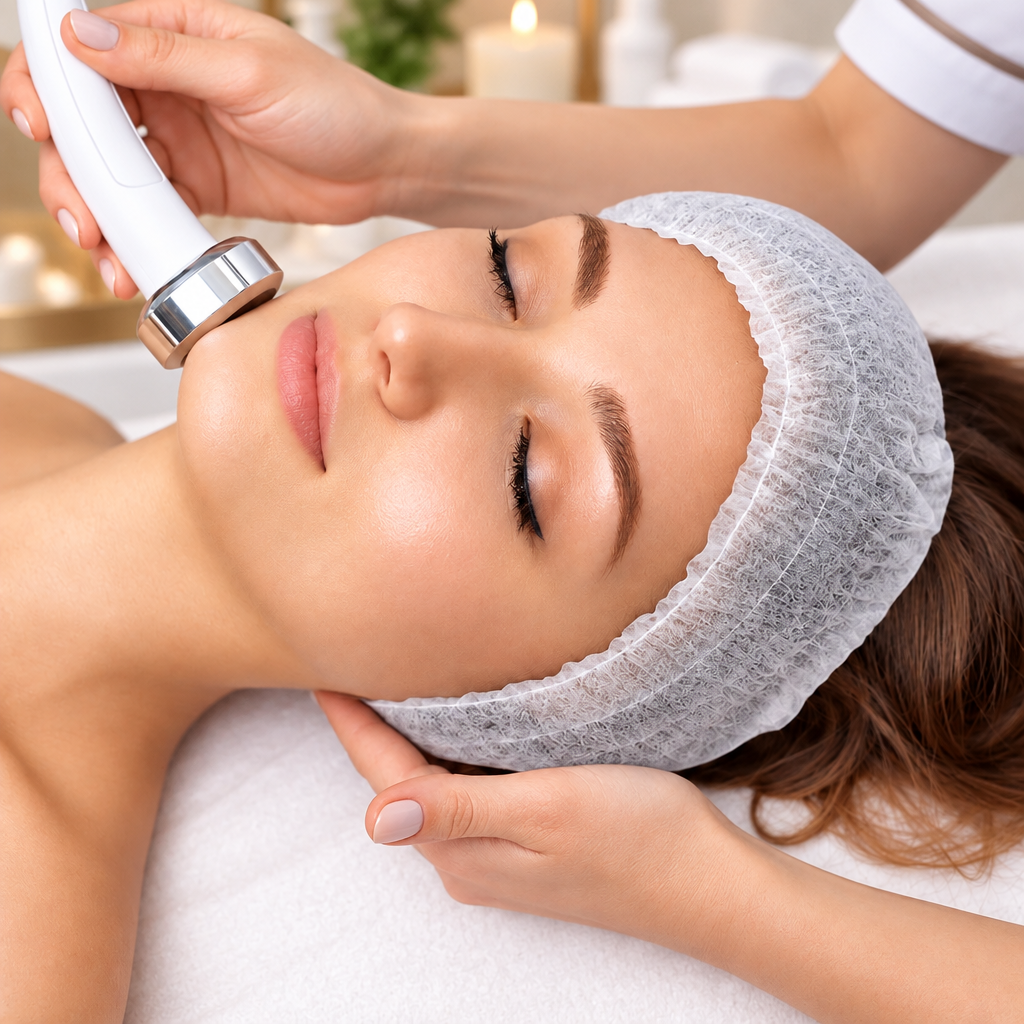 A close-up of a woman receiving a facial treatment, lying on a treatment bed while a practitioner uses a handheld white and silver device on her face. She is wearing a white disposable head cap.
