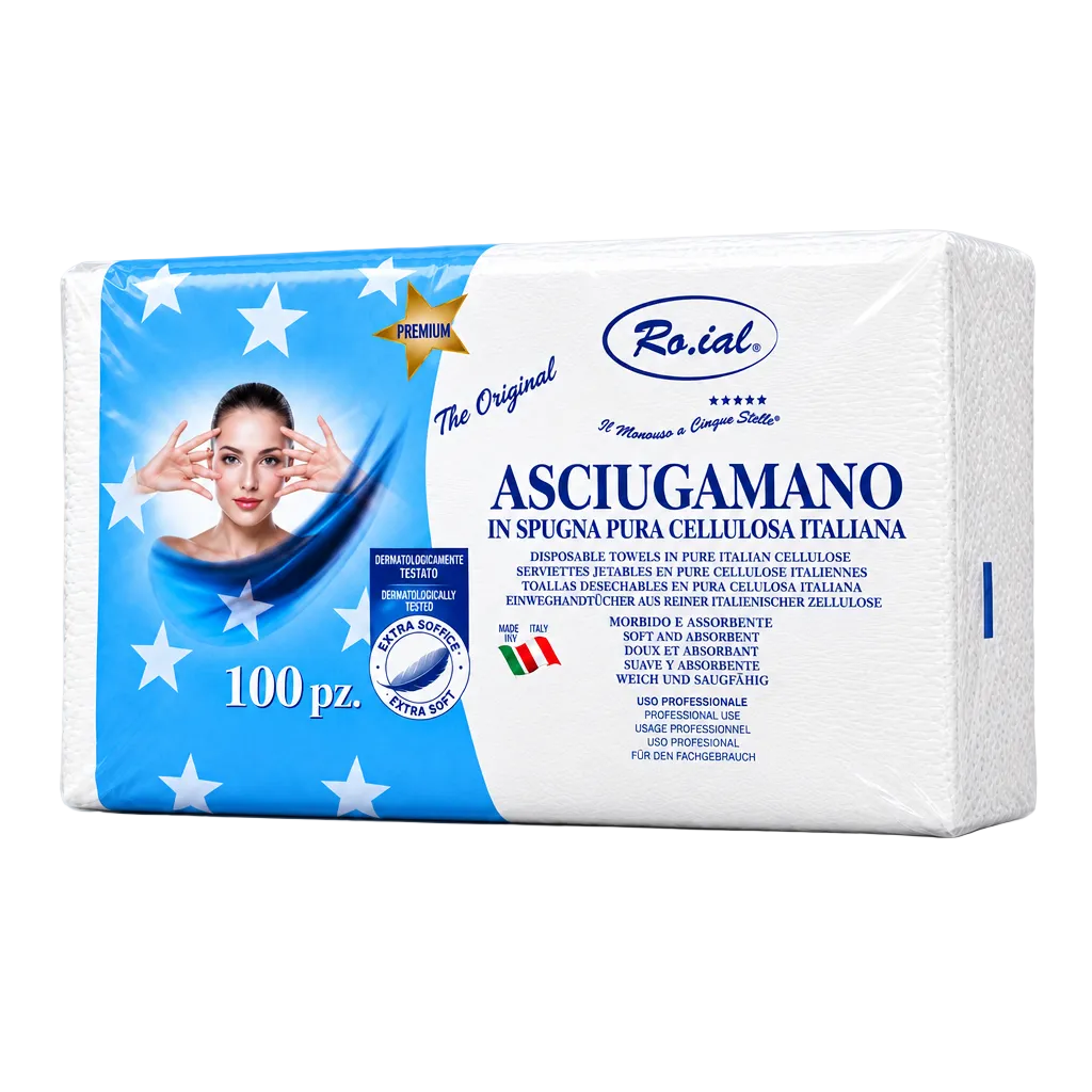 A package of 100 Italian cellulose facial towels by the brand Roial, featuring a white and blue design with star patterns and a model graphic.
