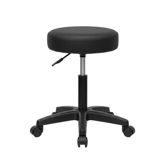 Black circular office stool with a padded cushioned seat, adjustable metal gas lift column, and five-star wheeled base on a white background.