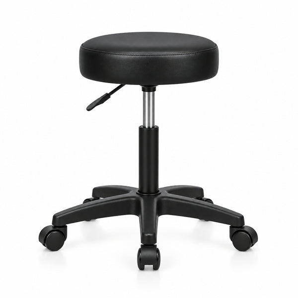 Black circular office stool with a padded cushioned seat, adjustable metal gas lift column, and five-star wheeled base on a white background.