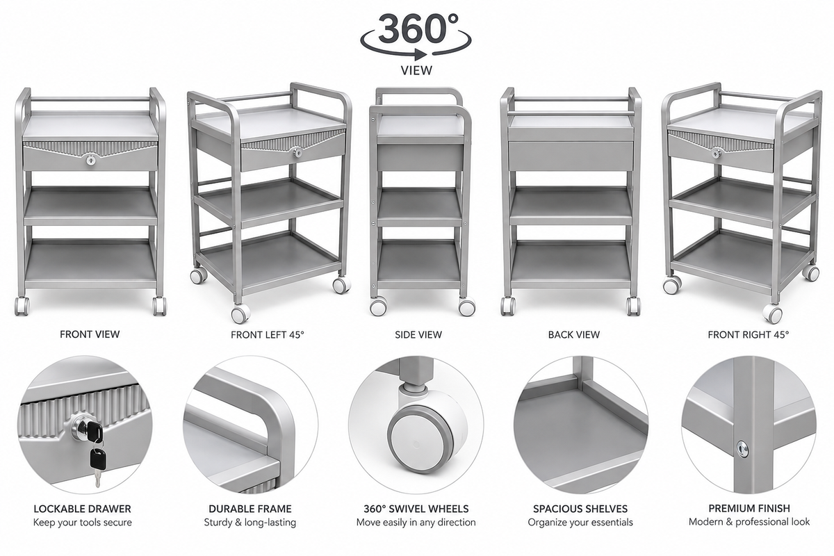 3-Tier Rolling Salon Cart with Storage Drawer- Metal Frame