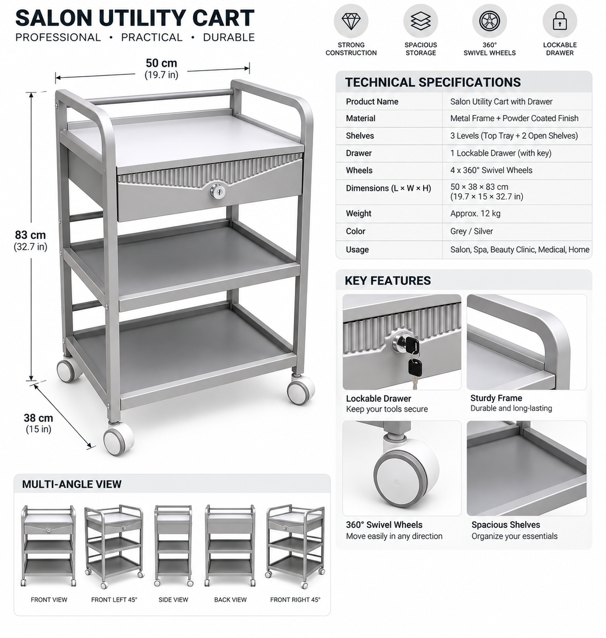 3-Tier Rolling Salon Cart with Storage Drawer- Metal Frame