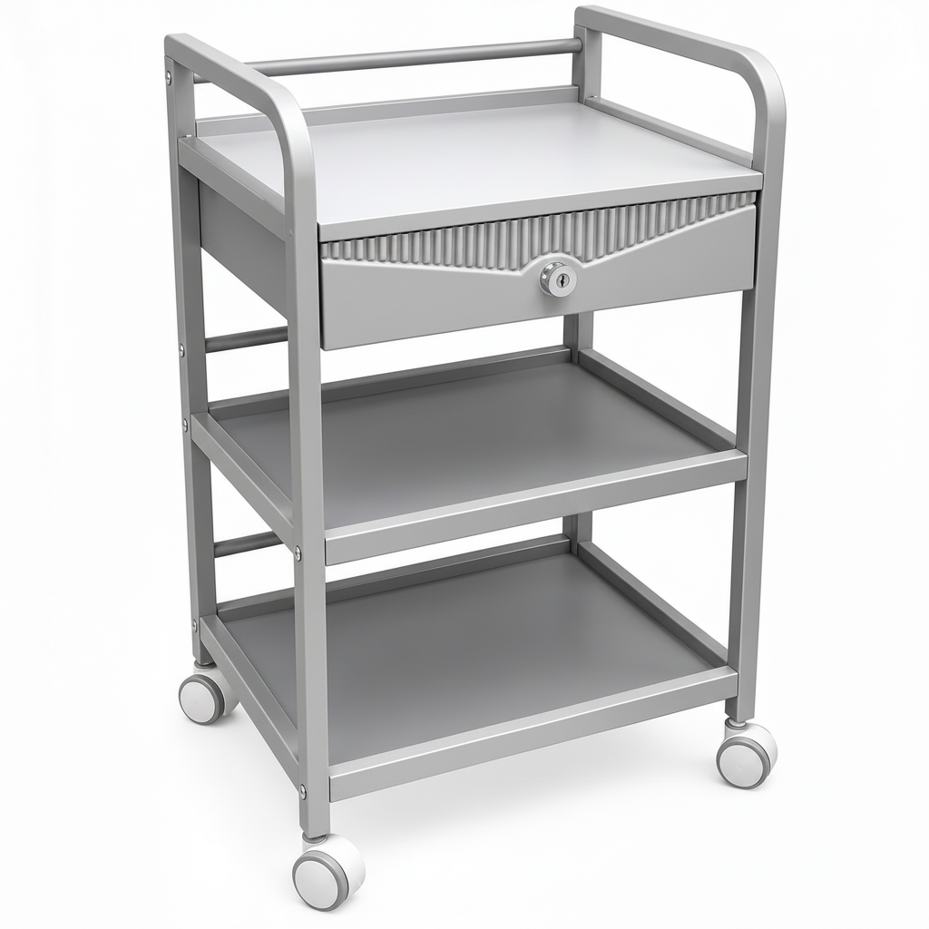 A three-tier silver metal rolling medical cart with a single lockable drawer on the top shelf, shown against a plain white background.