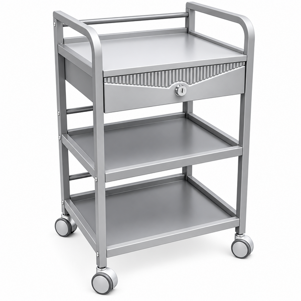 A three-tier silver metal rolling medical cart with a single lockable drawer on the top shelf, shown against a plain white background.